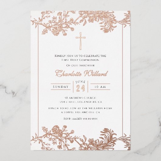 Flora Rose Gold Cross Girls erste Kommune Foil Folieneinladung (Vorderseite)