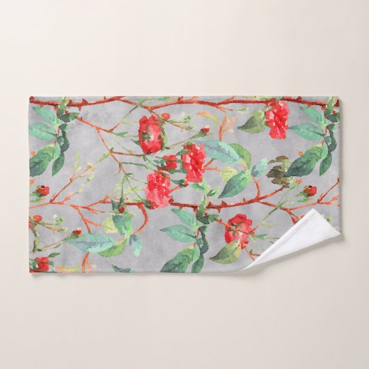 Flora Rote Rose Wasserfarben Grau Badhandtuch Set (Handtuch)