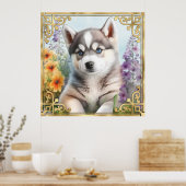 Flora sibirischer Husky mit Goldrahmen Poster (Küche)