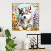 Flora sibirischer Husky mit Goldrahmen Poster (Heimbüro)