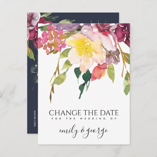 FLORA YELLOW PINK BURGUNDY WEDY ÄNDERN DAS DATUM ANKÜNDIGUNGSPOSTKARTE (Vorne/Hinten)