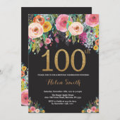 Floral 100. Geburtstag Einladung Gold Glitzer (Vorne/Hinten)