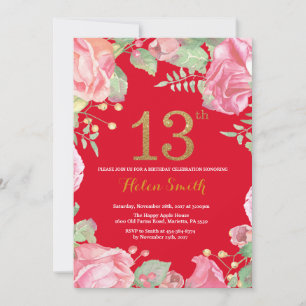Floral 13. Geburtstag Gold Glitzer Rot Einladung