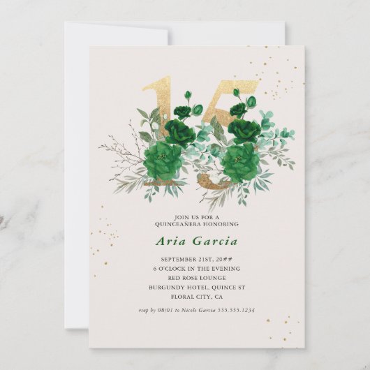 Floral 15 Emerald Green Cream und Gold Quinceanera Einladung (Vorderseite)