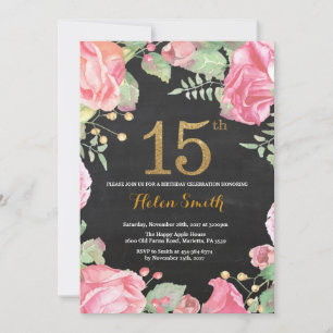 Floral 15. Geburtstag Einladung Gold Glitzer