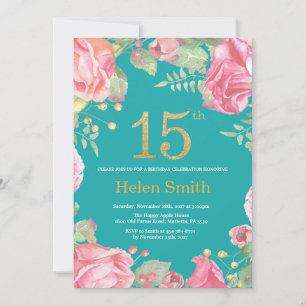 Floral 15. Geburtstag Gold Glitzer und Aquamarin Einladung