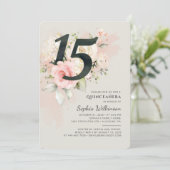 Floral 15. Geburtstag Quinceanera Script Wasserfar Einladung (Stehend Vorderseite)
