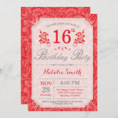 Floral 16. Geburtstag Einladung Rot für Frauen (Vorne/Hinten)