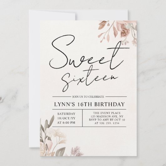 Floral 16. Geburtstagsparty Einladung (Vorderseite)