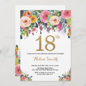 Floral 18. Geburtstag Einladung Gold Glitzer (Vorne/Hinten)