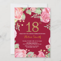 Floral 18. Geburtstag Gold Glitzer Burgund Red