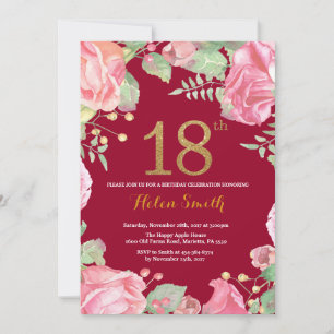 Floral 18. Geburtstag Gold Glitzer Burgund Red Einladung