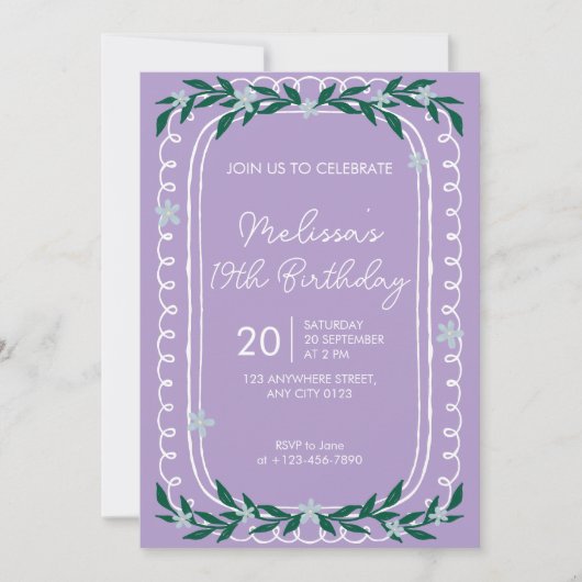 Floral 19th Birthday Invitation Lilac Coquette Einladung (Vorderseite)