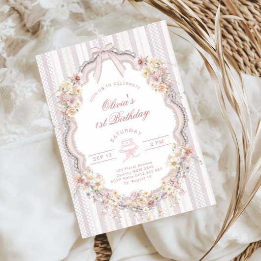 Floral 1st Birthday Bow Photo Invitation Einladung