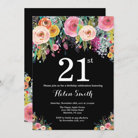 Floral 21. Geburtstag Einladung (Vorne/Hinten)