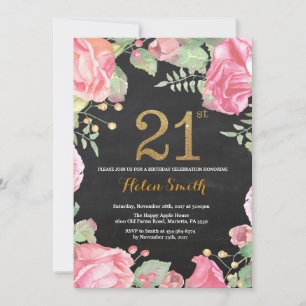 Floral 21. Geburtstag Einladung Gold Glitzer