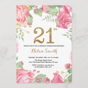 Floral 21. Geburtstag Einladung Gold Glitzer