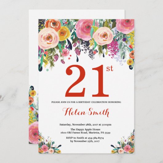 Floral 21. Geburtstag Einladung Rot (Vorne/Hinten)