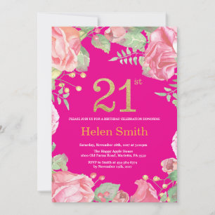 Floral 21. Geburtstag Gold Glitzer und Hot Pink Einladung