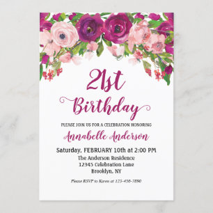 Floral 21. Geburtstag Lila Pink Moderne Wasserfarb Einladung