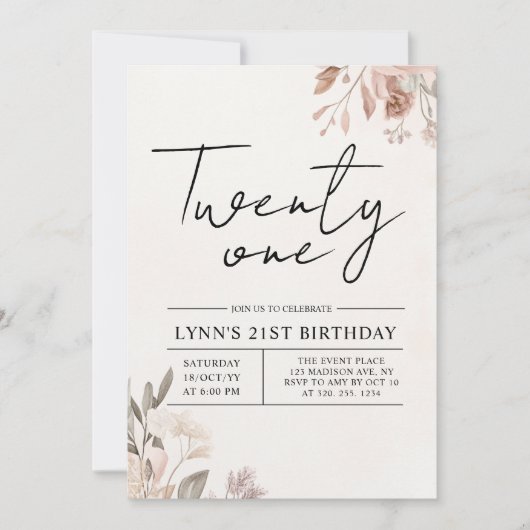Floral 21. Geburtstag Party Einladung (Vorderseite)