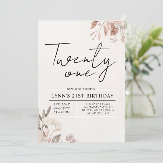 Floral 21. Geburtstag Party Einladung (Stehend Vorderseite)