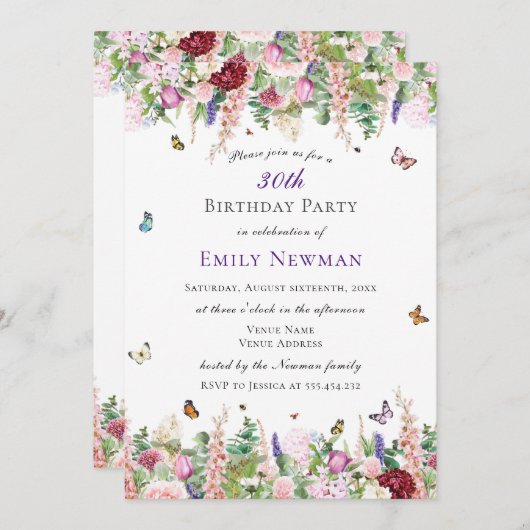 Floral 30. Geburtstag Party Einladung (Vorne/Hinten)