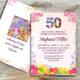 Floral 50. Geburtstag Einladung 50 elegante Karte