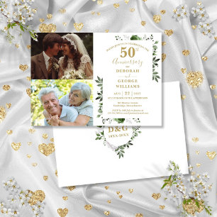 Floral 50. Hochzeitstag Dann & Jetzt 2 Foto Einladung