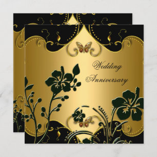 Floral 50. Hochzeitstag Jubiläum Gold Black Einladung