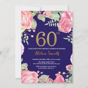 Floral 60. Geburtstag Gold Glitzer Navy Blue Einladung