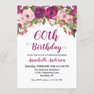 Floral 60. Geburtstag Lila Pink Wasserfarbe Modern Einladung