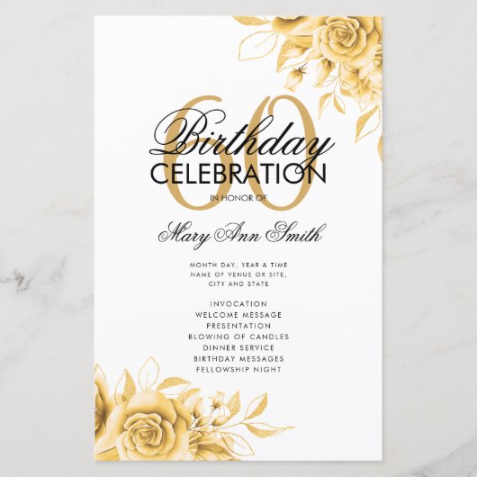 Floral 60. Geburtstag Programm Gold mit Menü (Vorderseite)