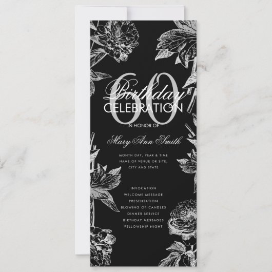 Floral 60. Geburtstag Programm Silver Black Menu (Vorderseite)