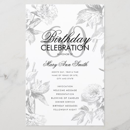 Floral 60. Geburtstag Programm Silver Menu (Vorderseite)