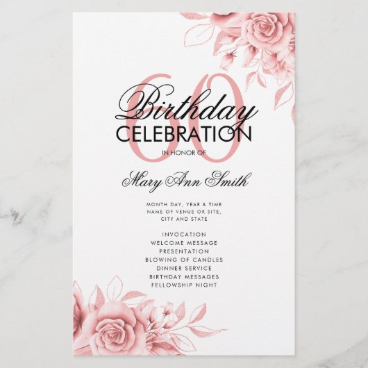 Floral 60. Geburtstag Rose Gold Menü (Vorne)