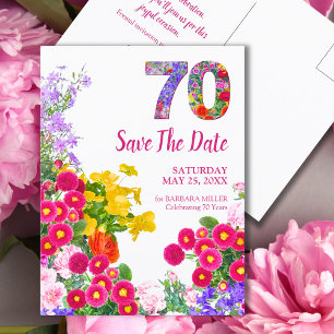 Floral 70. Geburtstag - farbenfrohe Gartengestaltu Ankündigungspostkarte