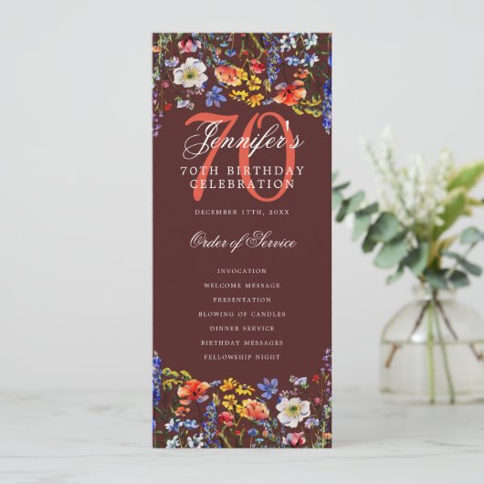 Floral 70. Geburtstag Programm Danke Burgund (Stehend Vorderseite)