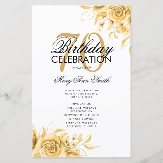 Floral 70. Geburtstag Programm Gold mit Menü (Vorderseite)