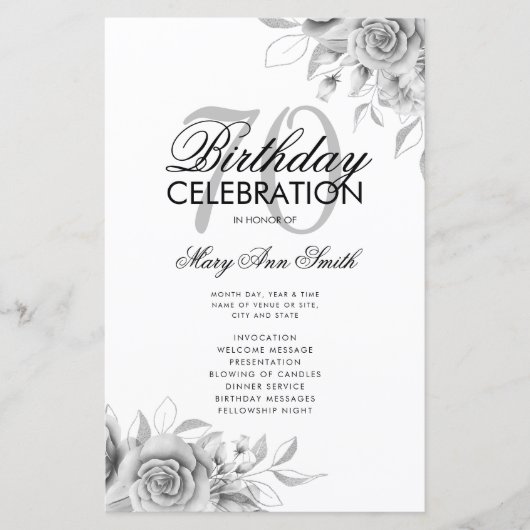 Floral 70. Geburtstag Programm Silver mit Menü (Vorderseite)