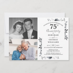 Floral 70. Hochzeitstag Dann & Jetzt 2 Foto Einladung