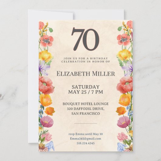Floral 70th Birthday – Elegant Garden Design 70 Einladung (Vorderseite)
