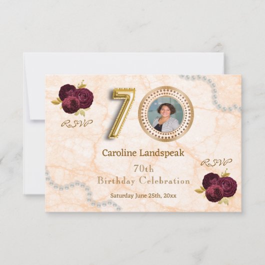 Floral 70th Birthday & Gold Foil Balloon RSVP (Vorderseite)