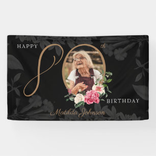 Floral 80. Geburtstag Black Gold Chic Custom Foto Banner
