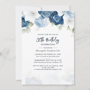 Floral 80. Geburtstag Dusty Blue Script Party Einladung