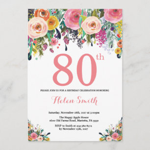 Floral 80. Geburtstag Einladung Pink