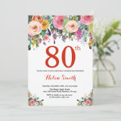 Floral 80. Geburtstag Einladung Rot (Stehend Vorderseite)