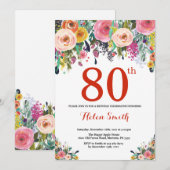 Floral 80. Geburtstag Einladung Rot (Vorne/Hinten)