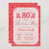 Floral 80. Geburtstag Einladung Rot für Frauen (Vorne/Hinten)