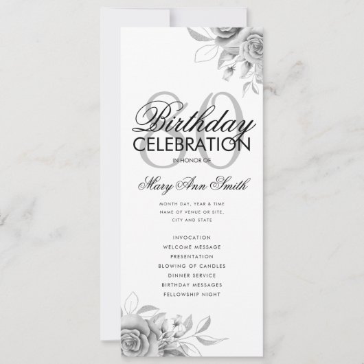 Floral 80. Geburtstag Programm Silver mit Menü (Vorderseite)